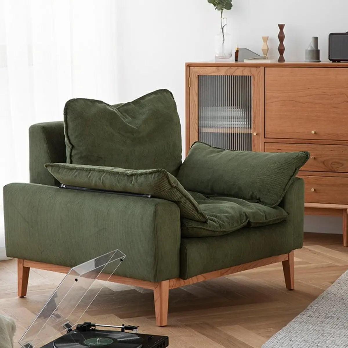 Green Corduroy L-Shape Stationary Left Sofa Chaise Image - 4