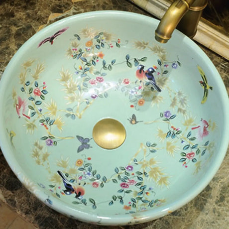 Green Floral Circular Ceramic Bowl Sink with Faucet Image - 1