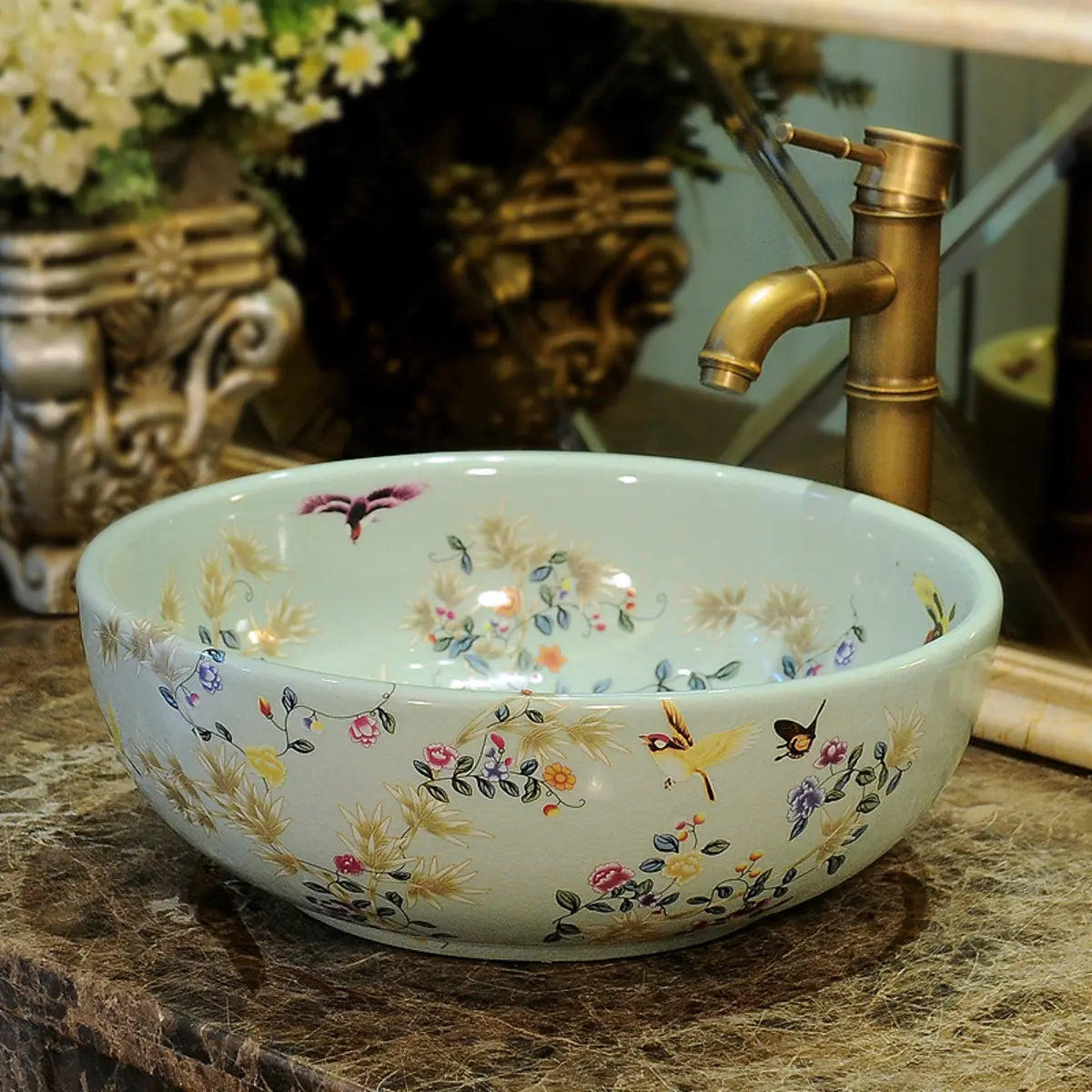 Green Floral Circular Ceramic Bowl Sink with Faucet Image - 2