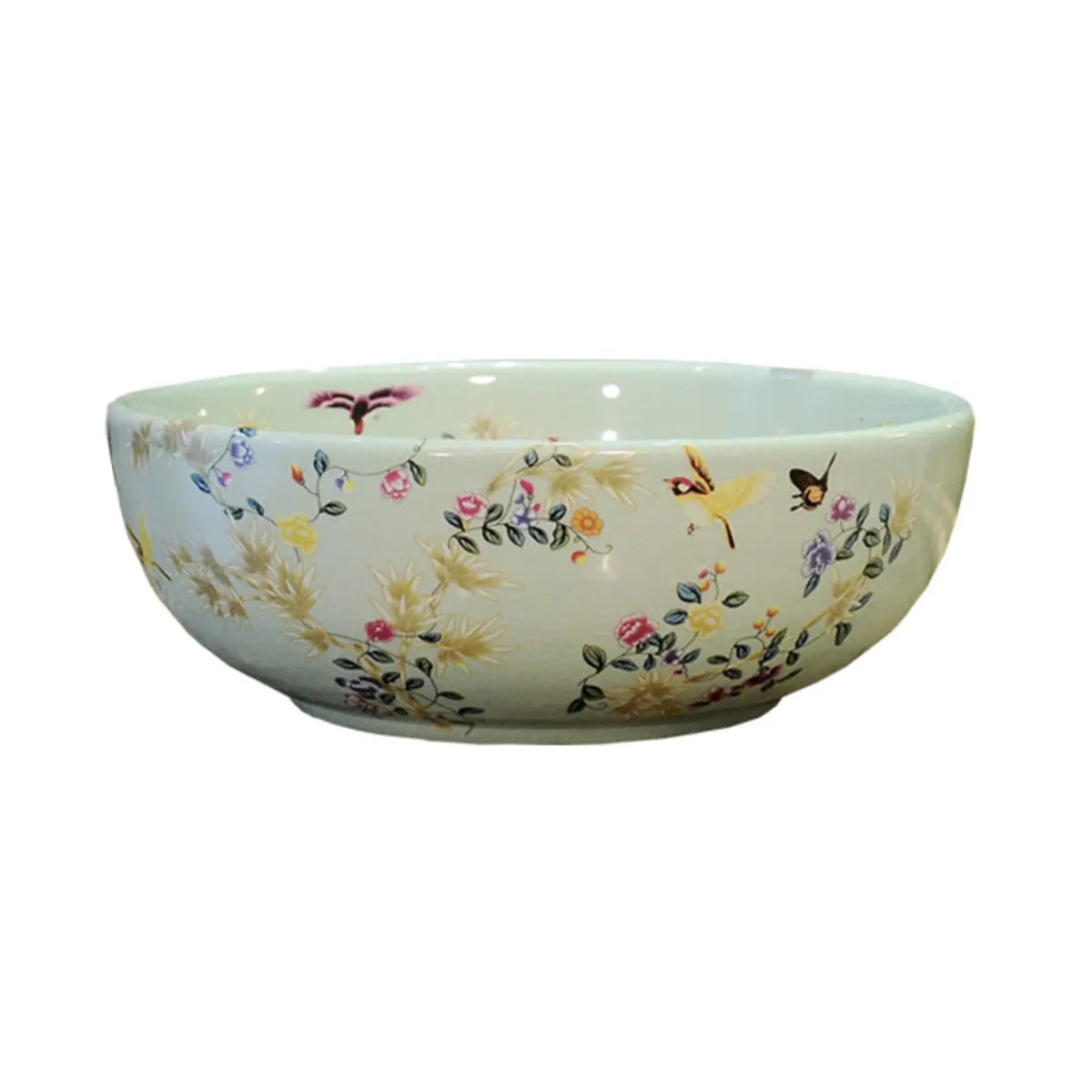 Green Floral Circular Ceramic Bowl Sink with Faucet Image - 7