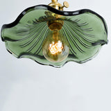 Green Flower Ruffled Glass Shade Wooden Wall Sconce Image - 6