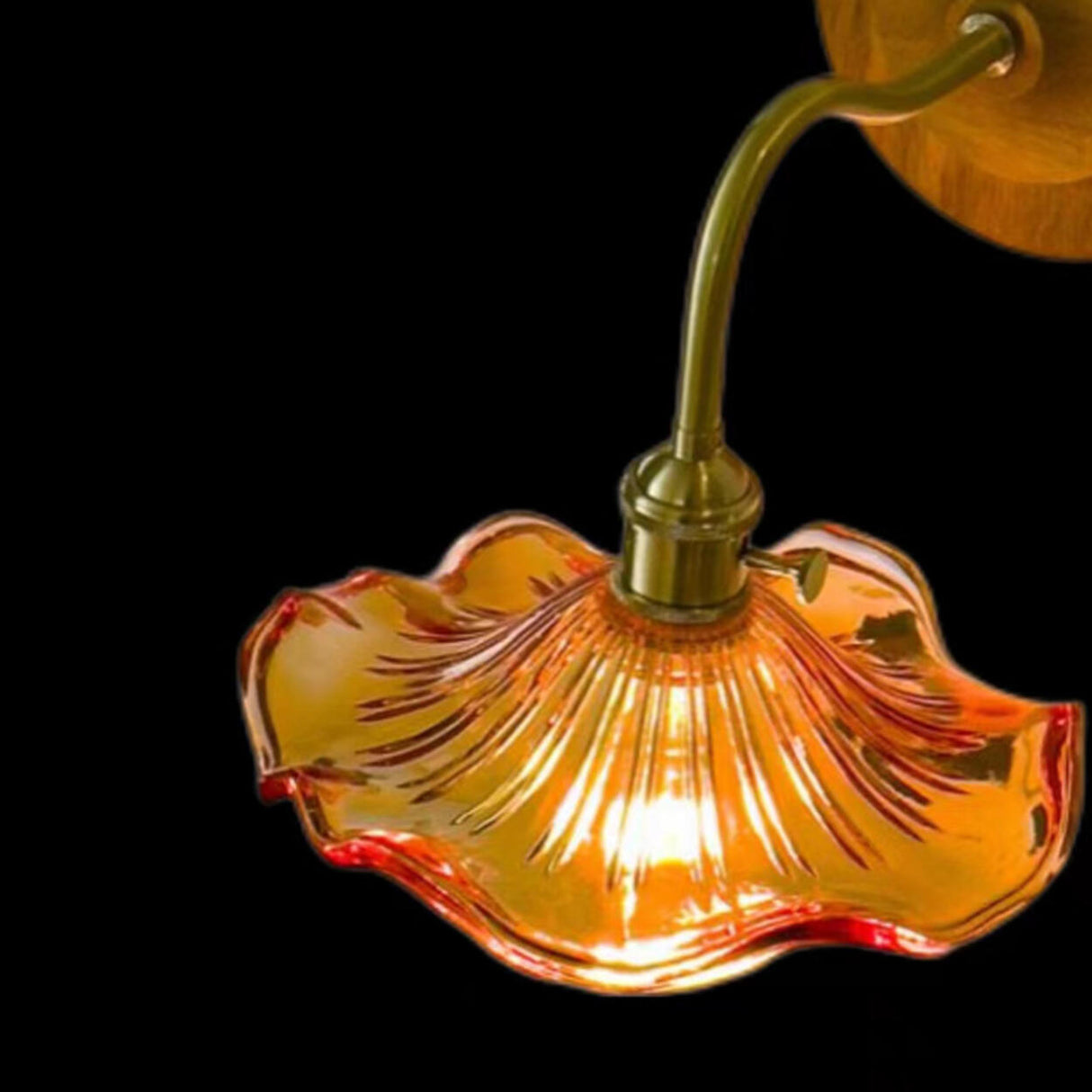 Green Flower Ruffled Glass Shade Wooden Wall Sconce Image - 8