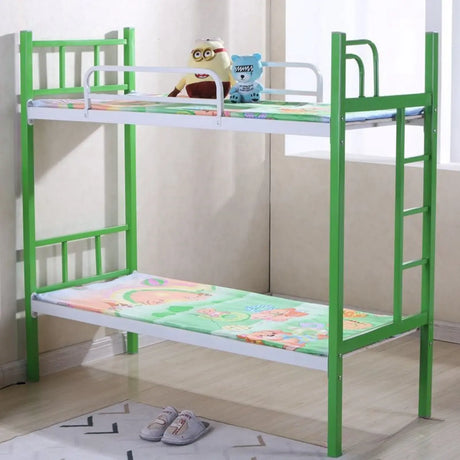 Green Metal Open-Frame Twin Bunk Bed with Ladder Image - 2