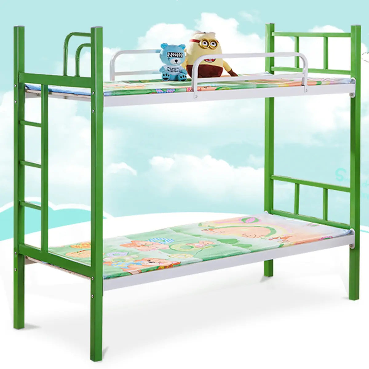 Green Metal Open-Frame Twin Bunk Bed with Ladder Image - 6