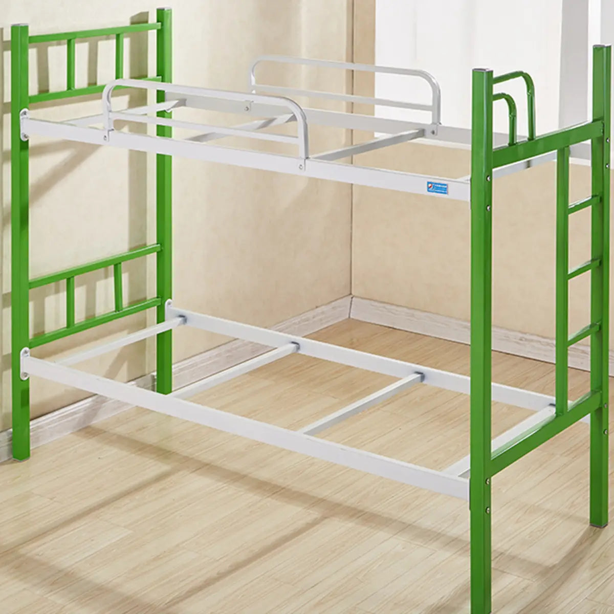 Green Metal Open-Frame Twin Bunk Bed with Ladder Image - 7