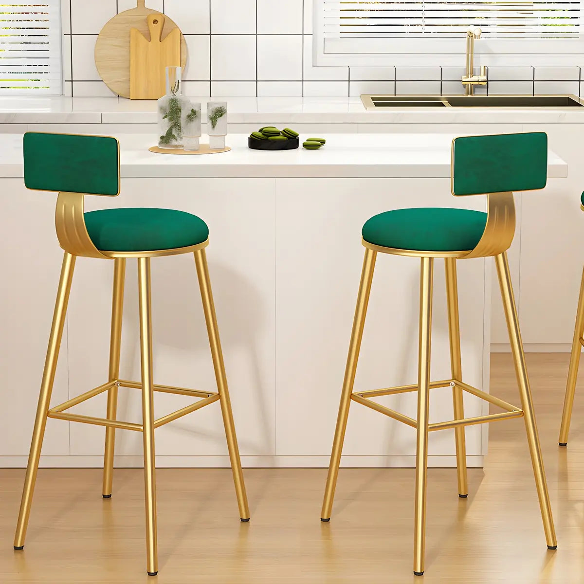 Green Metal Upholstered Low-Back Bar Stool With Footrest Image - 20