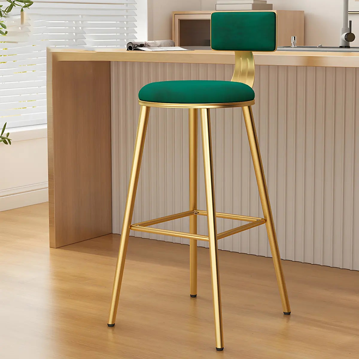 Green Metal Upholstered Low-Back Bar Stool With Footrest Image - 9