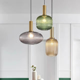 Green Minimalist Ribbed Glass Round Pendant Light Image - 1