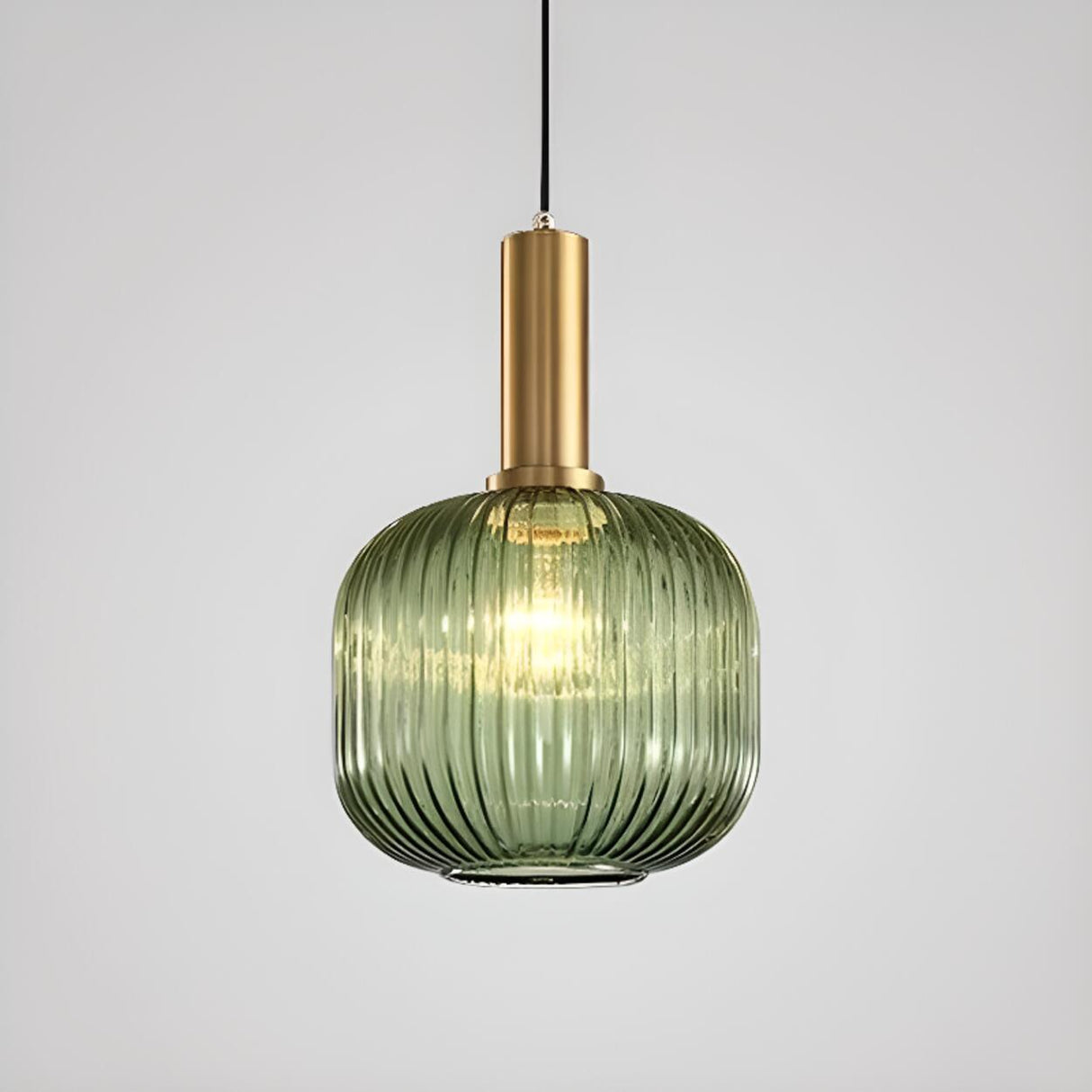 Green Minimalist Ribbed Glass Round Pendant Light Image - 14