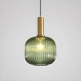 Green Minimalist Ribbed Glass Round Pendant Light Image - 14