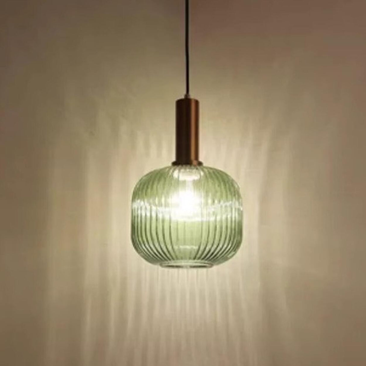 Green Minimalist Ribbed Glass Round Pendant Light Image - 17