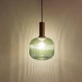 Green Minimalist Ribbed Glass Round Pendant Light Image - 17