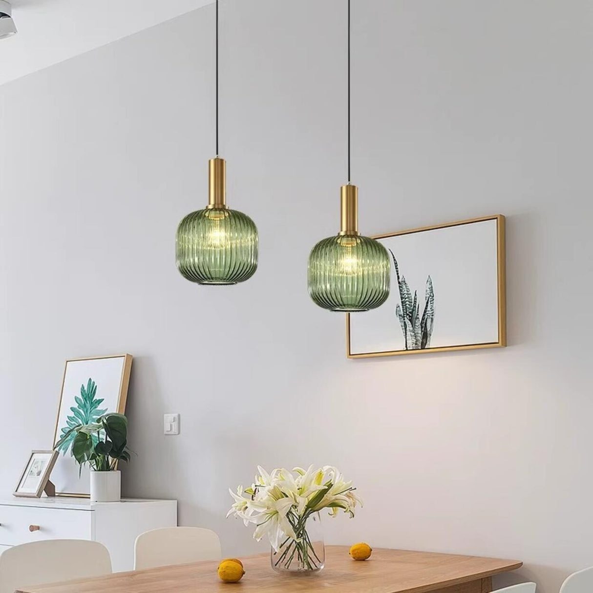 Green Minimalist Ribbed Glass Round Pendant Light Image - 3