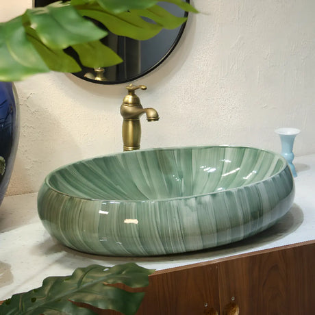 Green Oval Vitreous China Vessel Sink with Supply Lines Image - 1