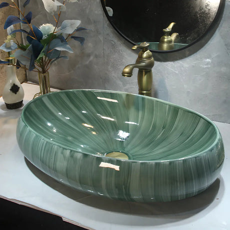 Green Oval Vitreous China Vessel Sink with Supply Lines Image - 2