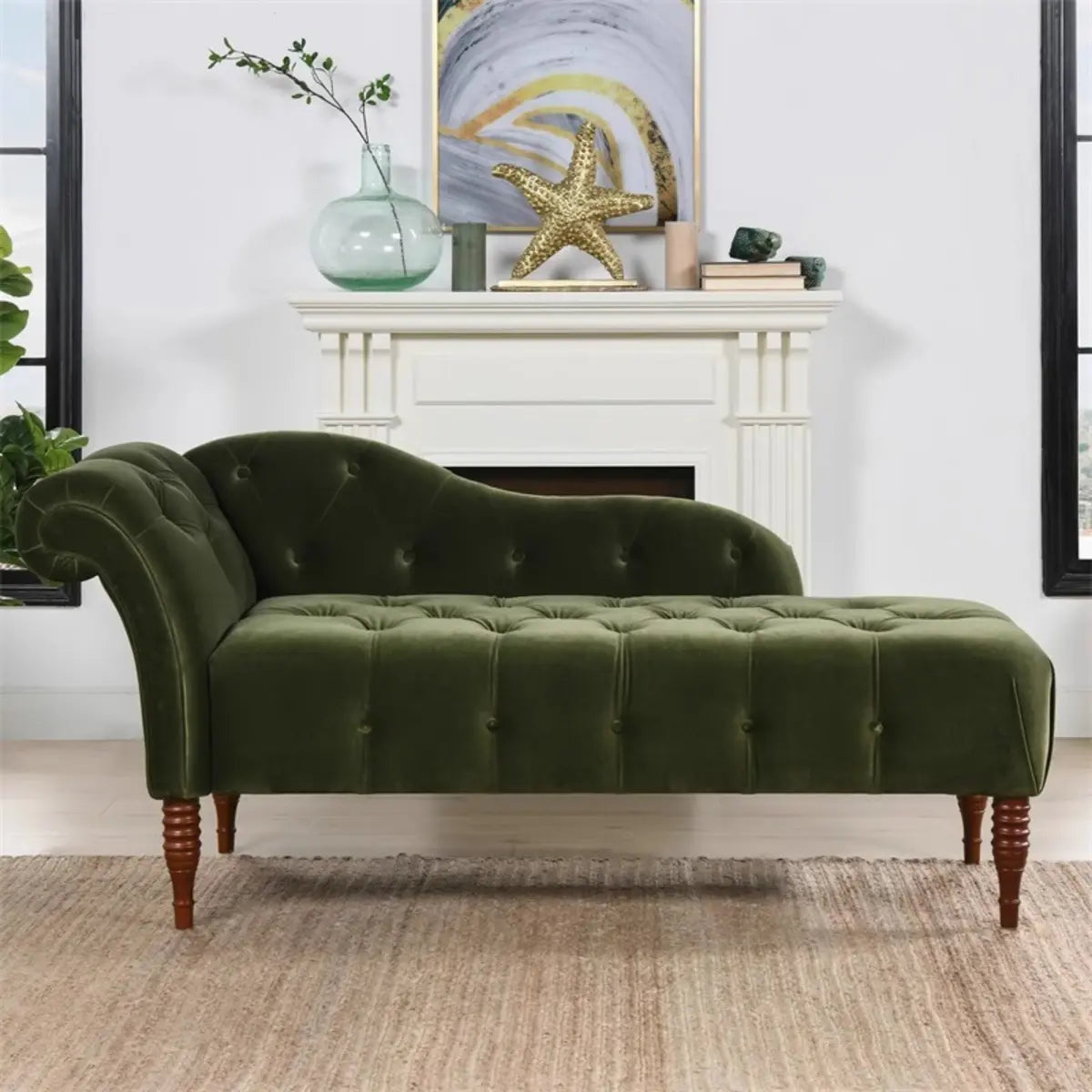 Green Reclining Curved Velvet Upholstered Left-Arm Chaise Image - 1