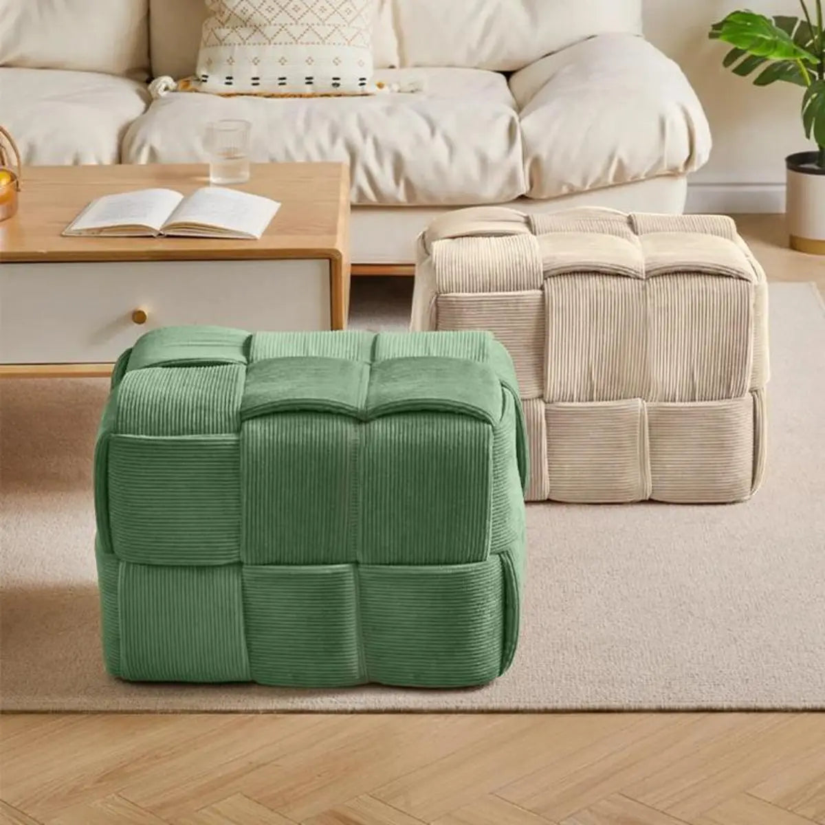 Green Rectangle Footrest Corduroy Medium Tufted Ottomans Image - 1