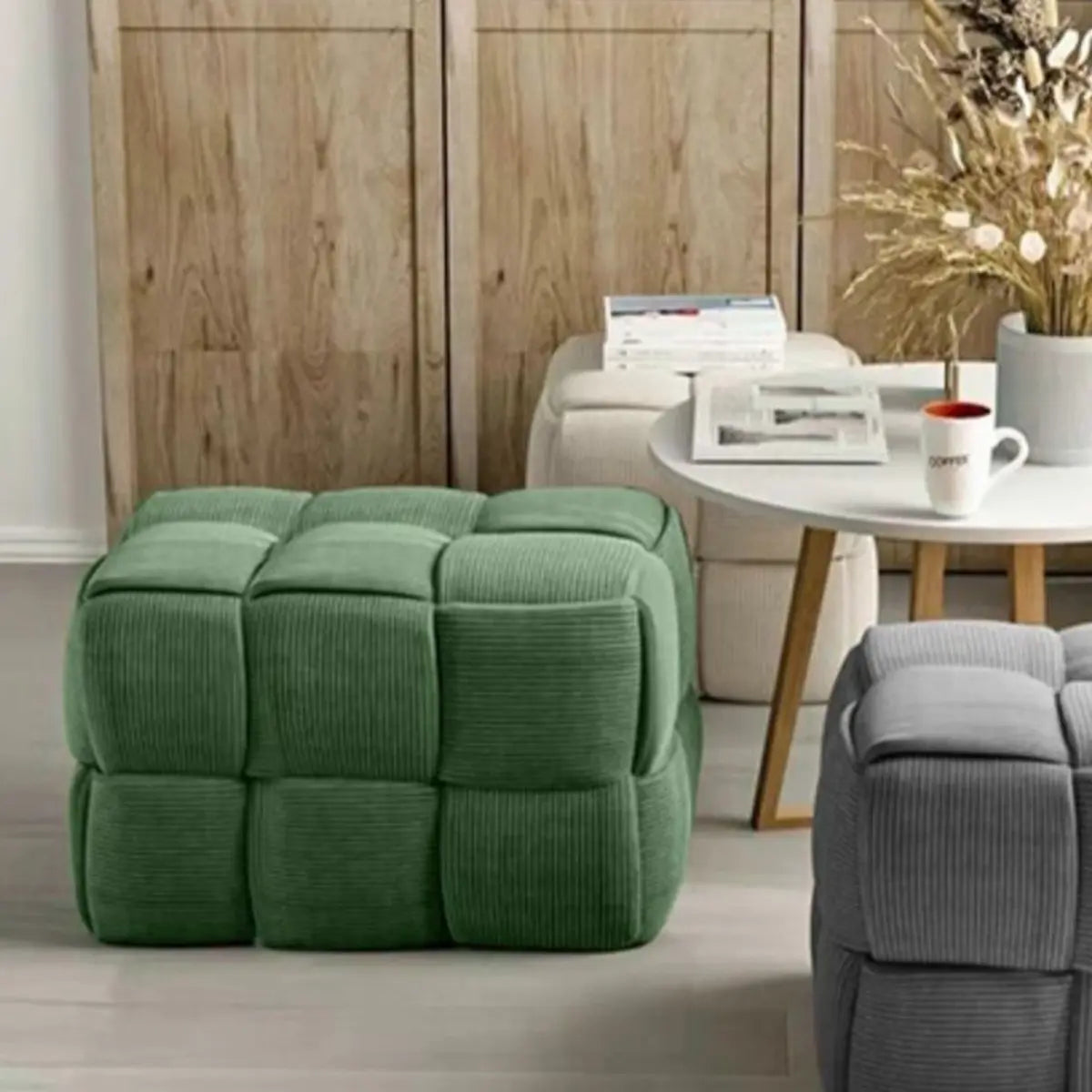 Green Rectangle Footrest Corduroy Medium Tufted Ottomans Image - 22