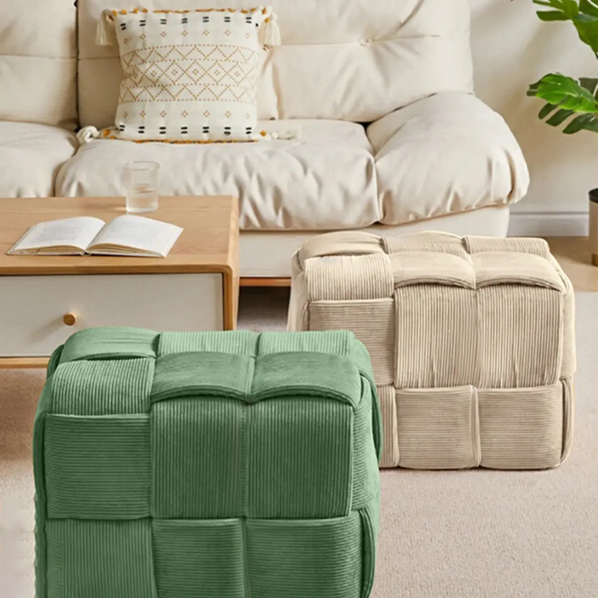 Green Rectangle Footrest Corduroy Medium Tufted Ottomans Image - 24