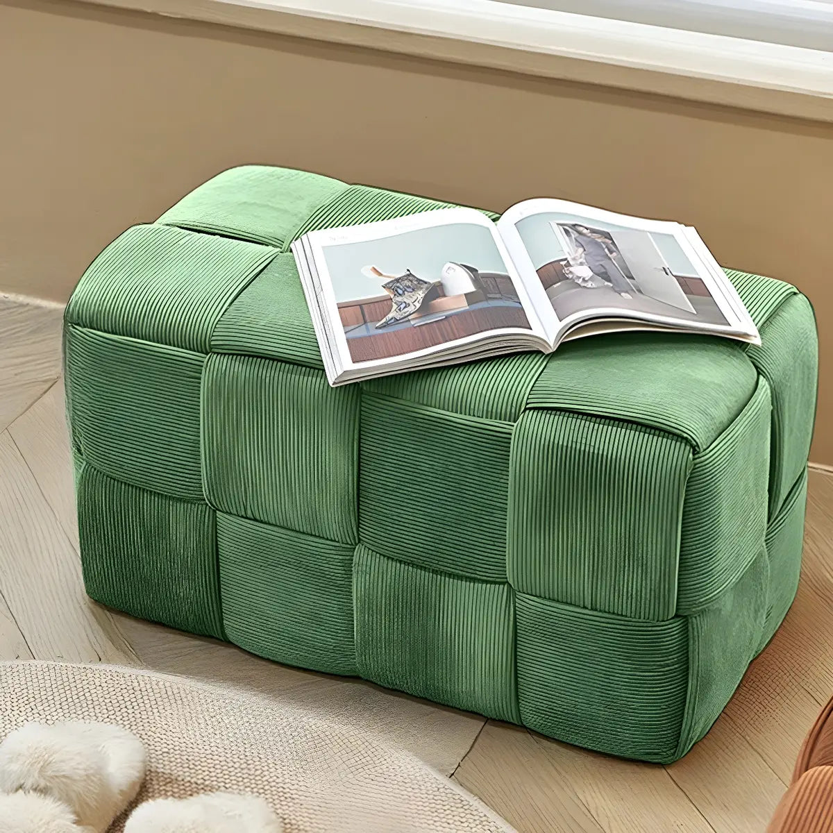 Green Rectangle Footrest Corduroy Medium Tufted Ottomans Image - 4