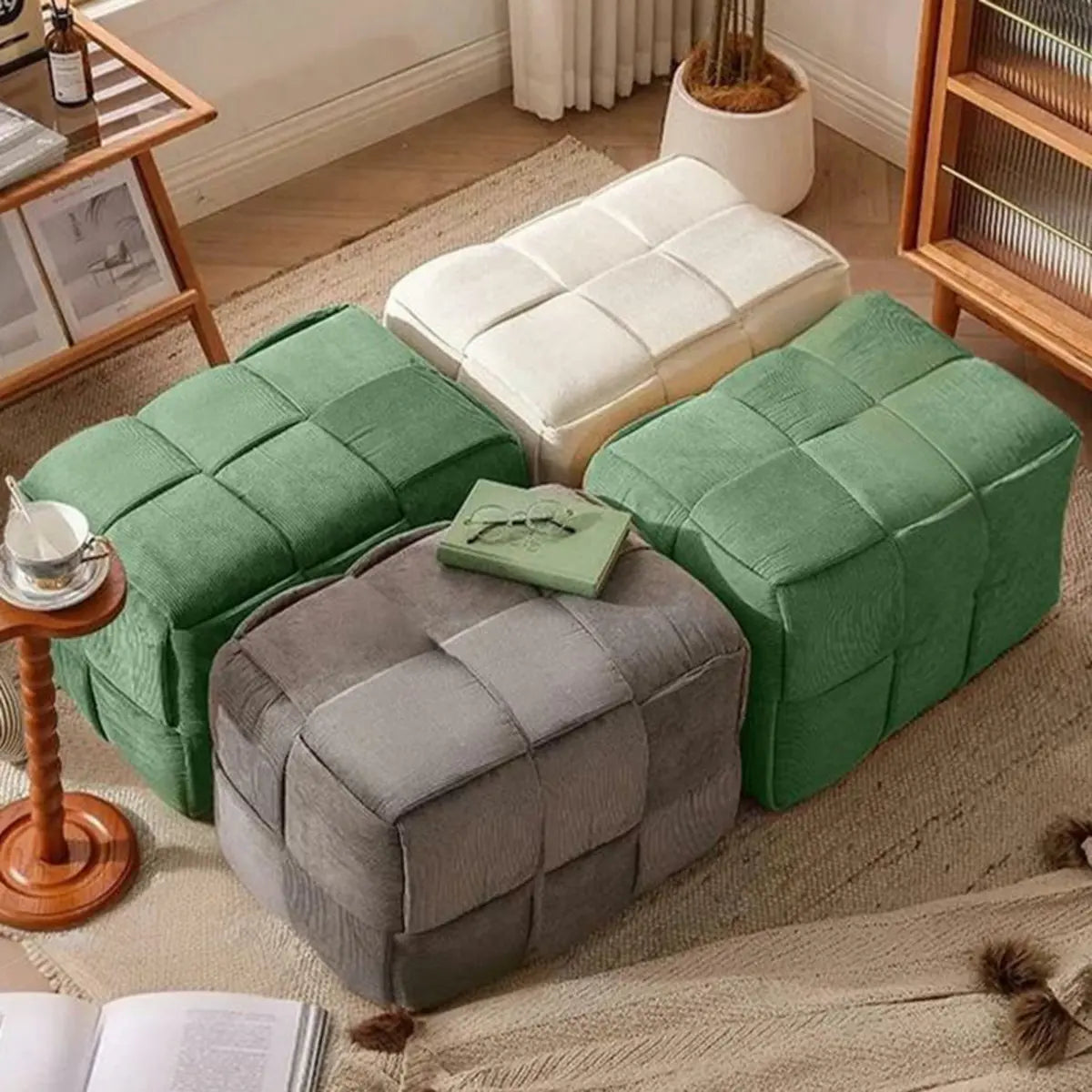 Green Rectangle Footrest Corduroy Medium Tufted Ottomans Image - 5