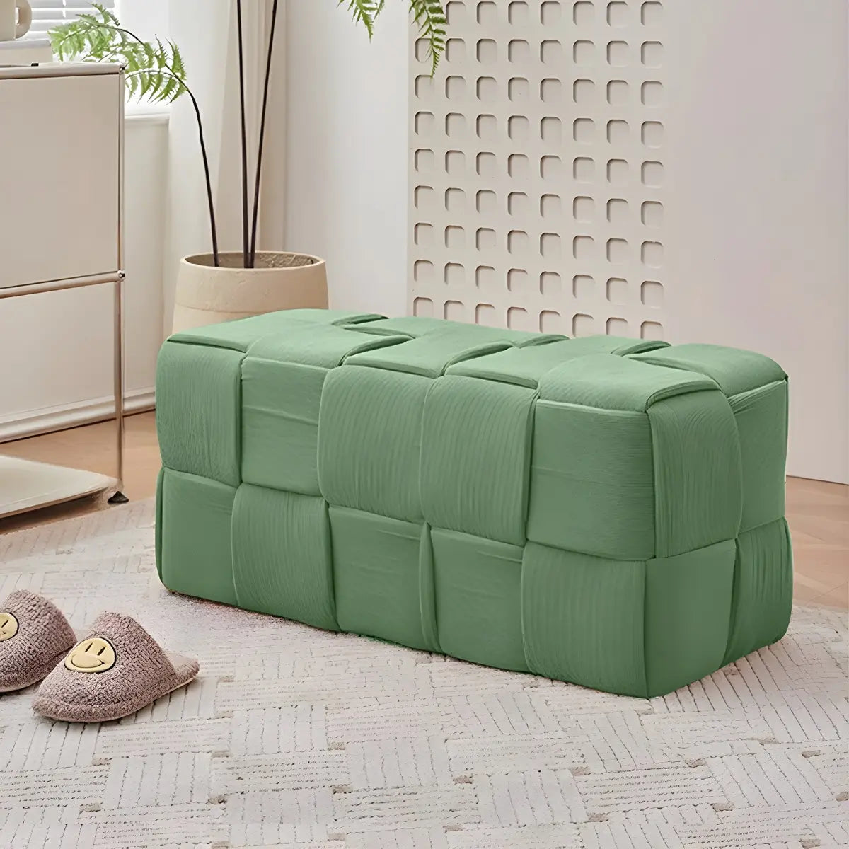 Green Rectangle Footrest Corduroy Medium Tufted Ottomans Image - 6