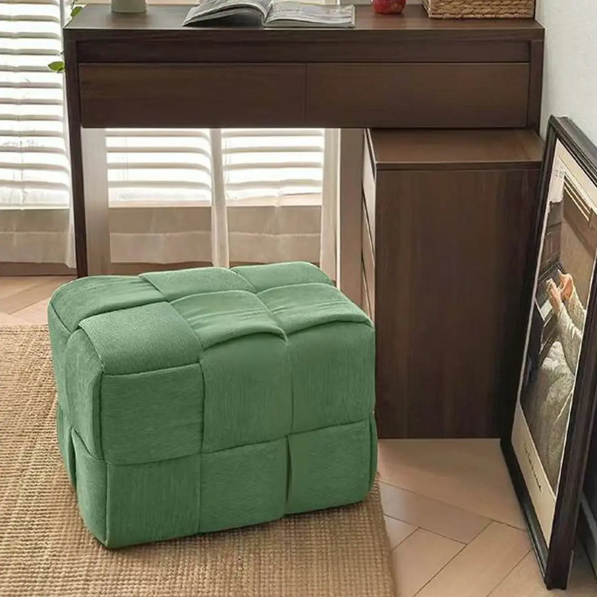 Green Rectangle Footrest Corduroy Medium Tufted Ottomans Image - 7