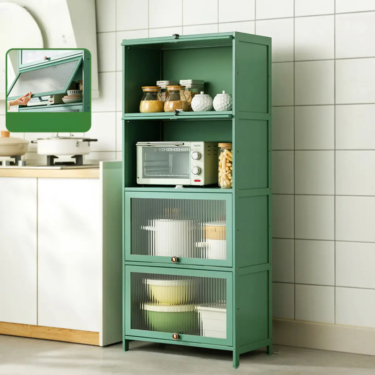 Green Rectangular Wood Kitchen Medium China Cabinet Image - 14