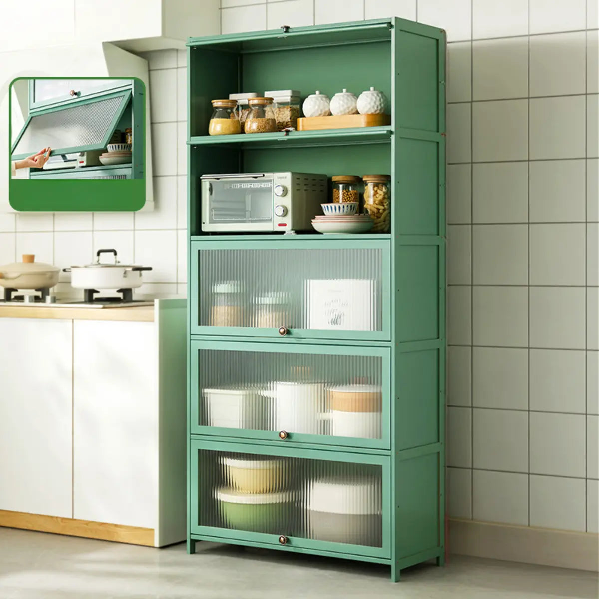 Green Rectangular Wood Kitchen Medium China Cabinet Image - 19