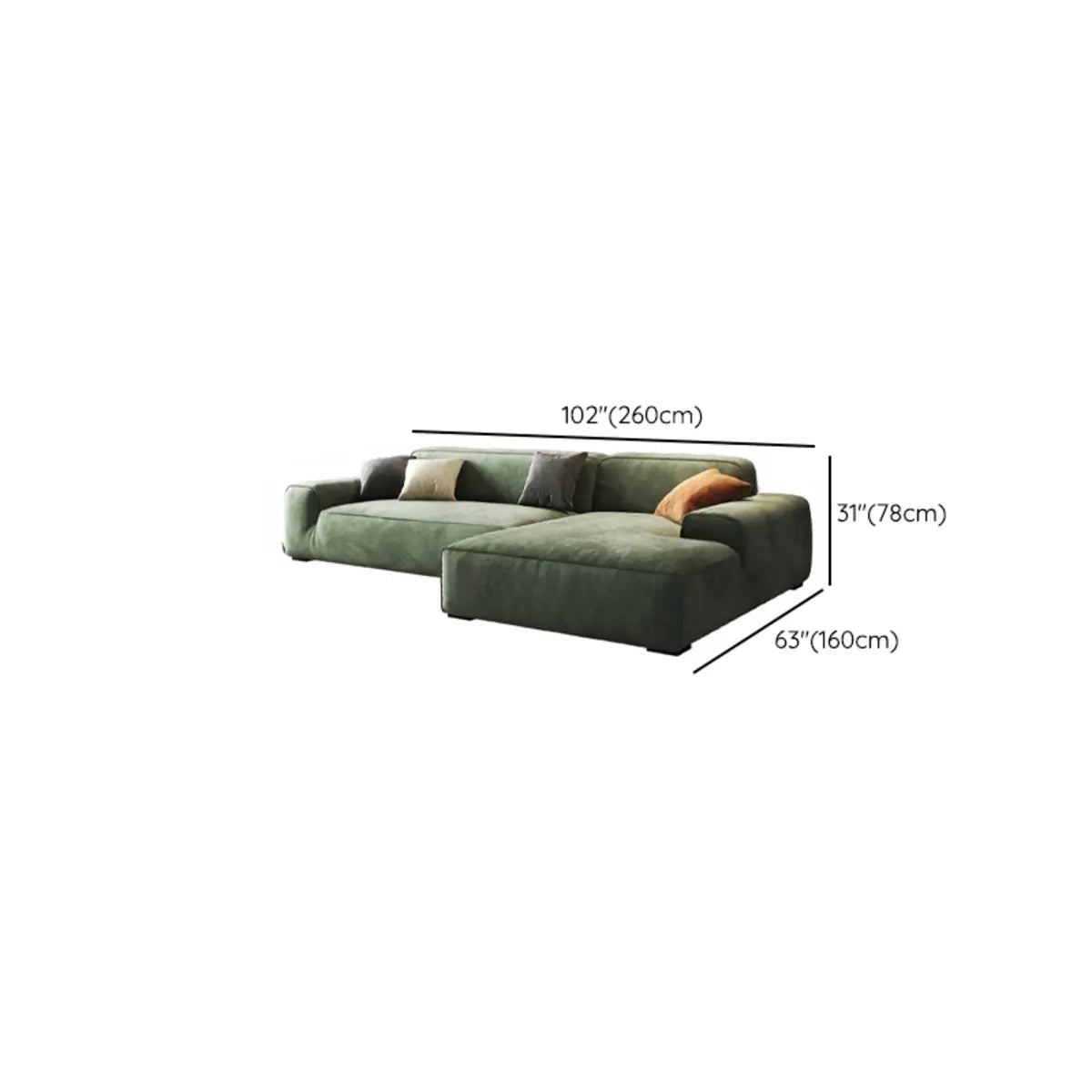 Green Suede Square Arm Tight Back Right Sofa Chaise Image - 20