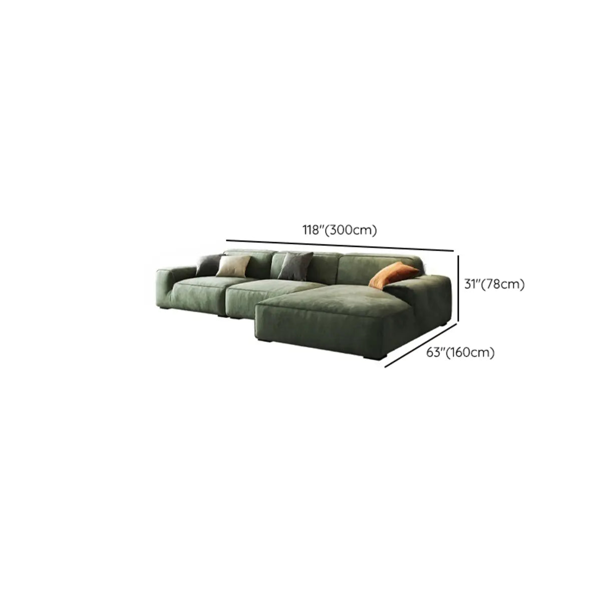 Green Suede Square Arm Tight Back Right Sofa Chaise Image - 22