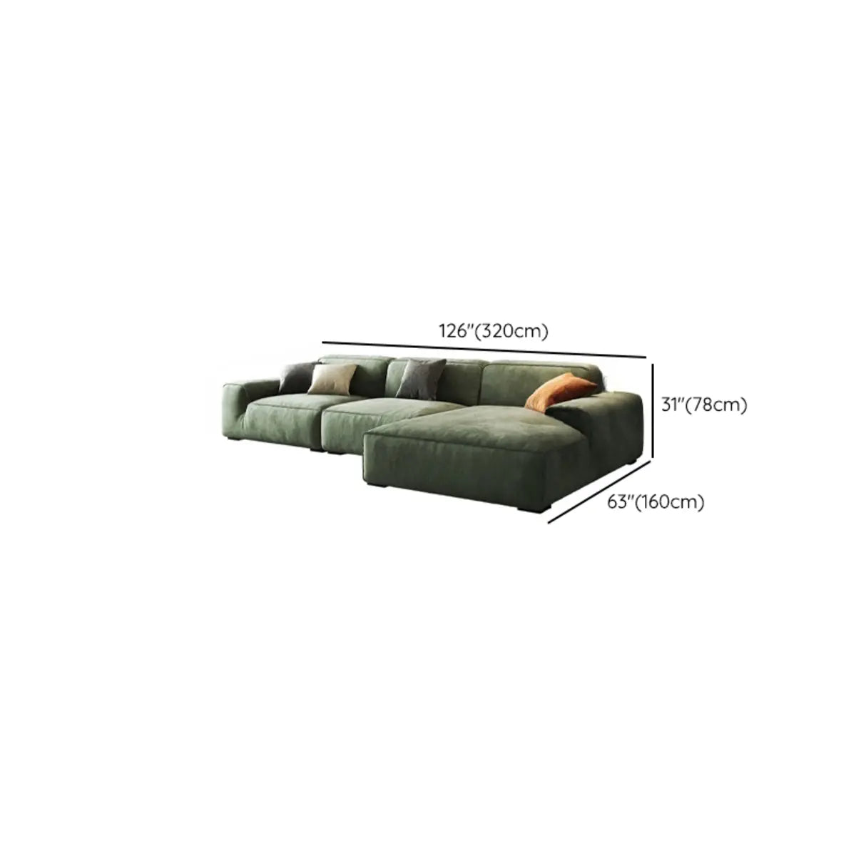 Green Suede Square Arm Tight Back Right Sofa Chaise Image - 23