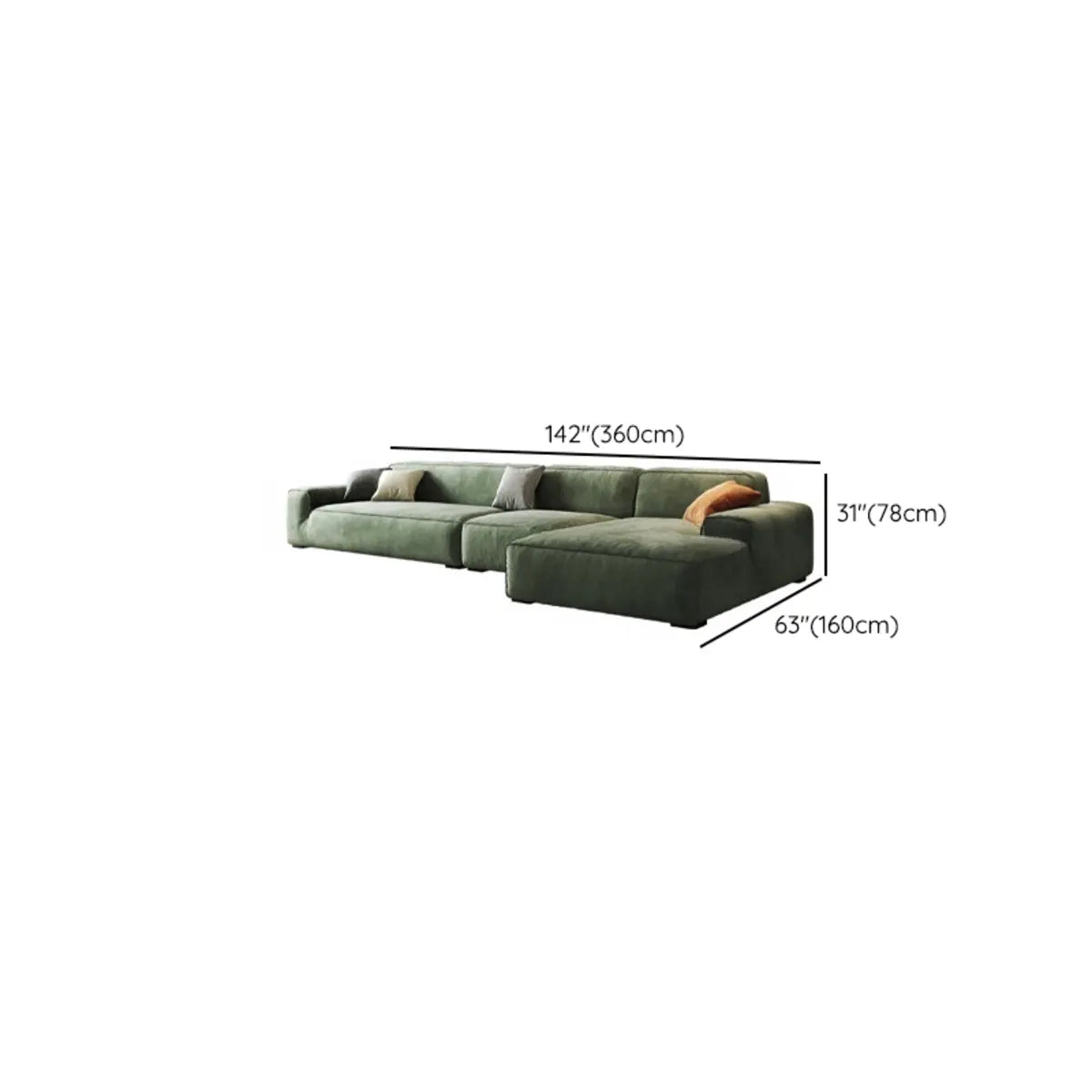 Green Suede Square Arm Tight Back Right Sofa Chaise Image - 25