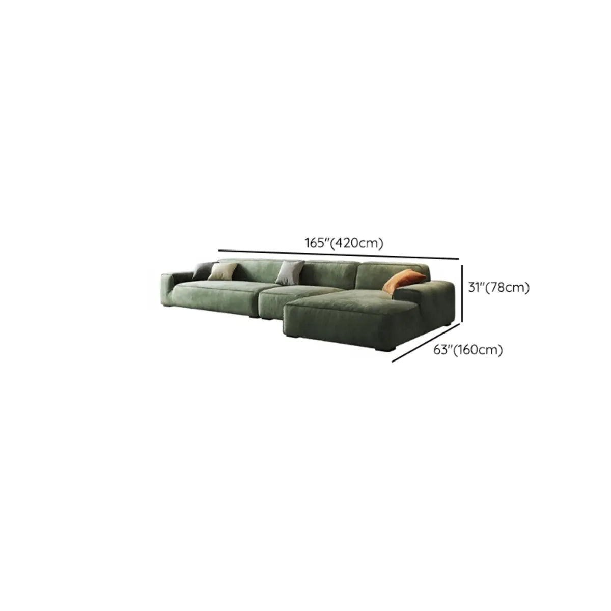 Green Suede Square Arm Tight Back Right Sofa Chaise Image - 28