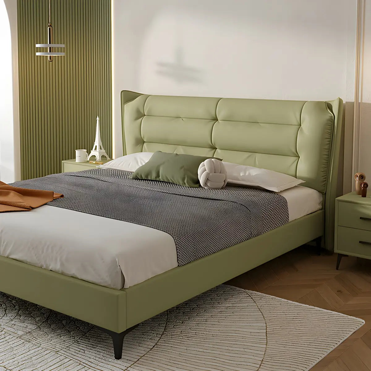 Green Upholstered Tufted Wingback Headboard with Legs Image - 4