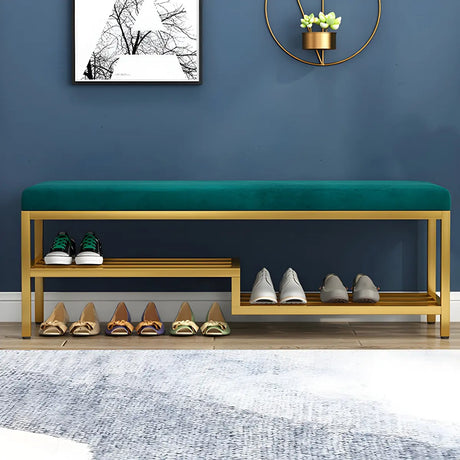 Green Velvet Metal Frame Entryway Bench with Shelves Image - 1