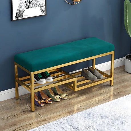 Green Velvet Metal Frame Entryway Bench with Shelves Image - 2