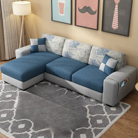 Grey-Blue Removable Cushions Cotton Linen Sofa Chaise Image - 1