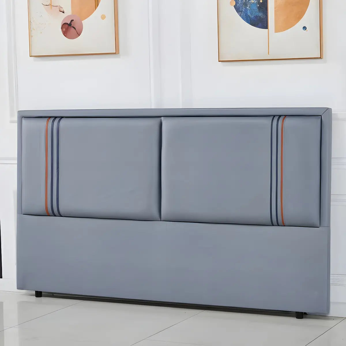 Grey-Blue Upholstered Rectangular Headboard with Legs Image - 5