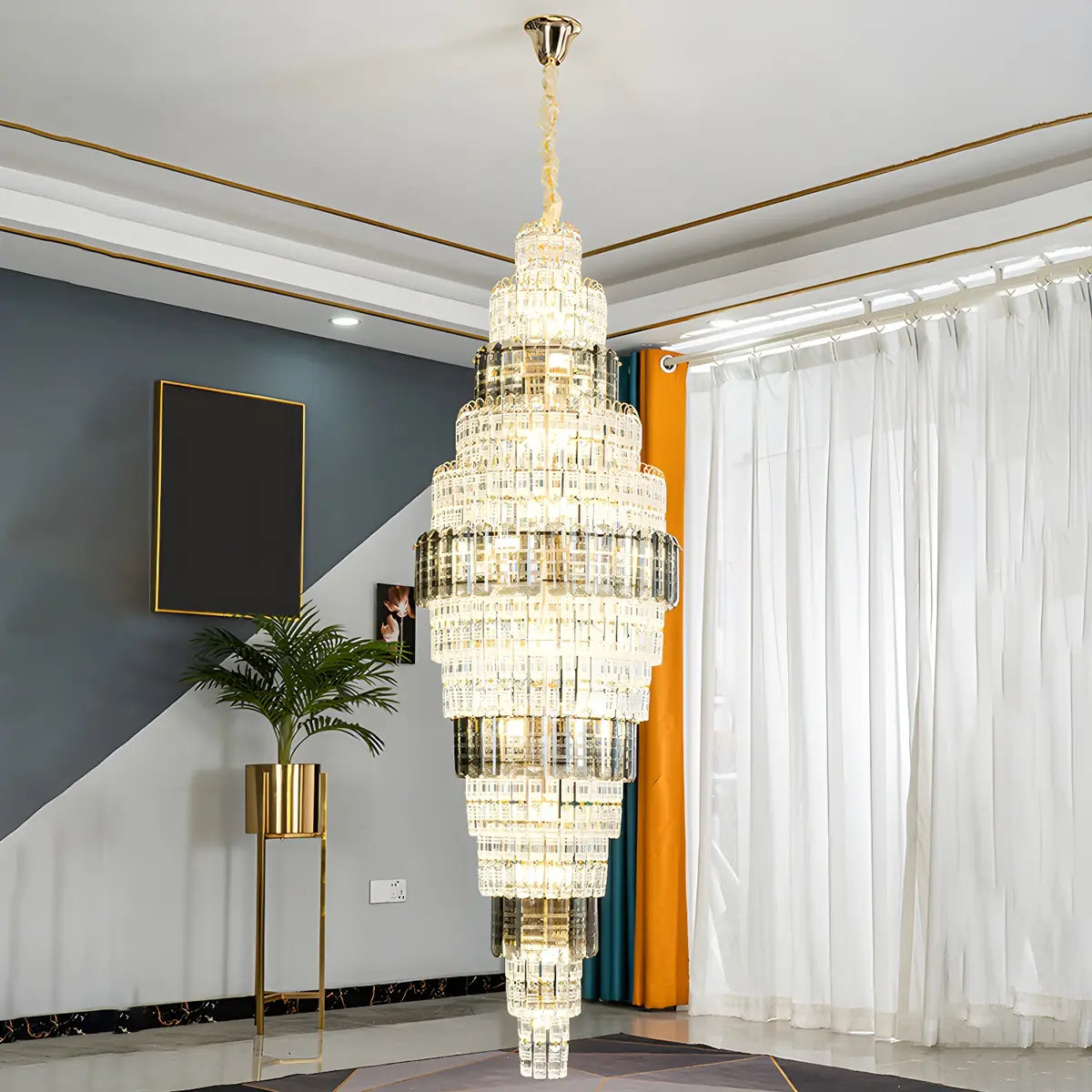 Grey Crystal Tiered Chain High Ceiling Foyer Chandelier Image - 3