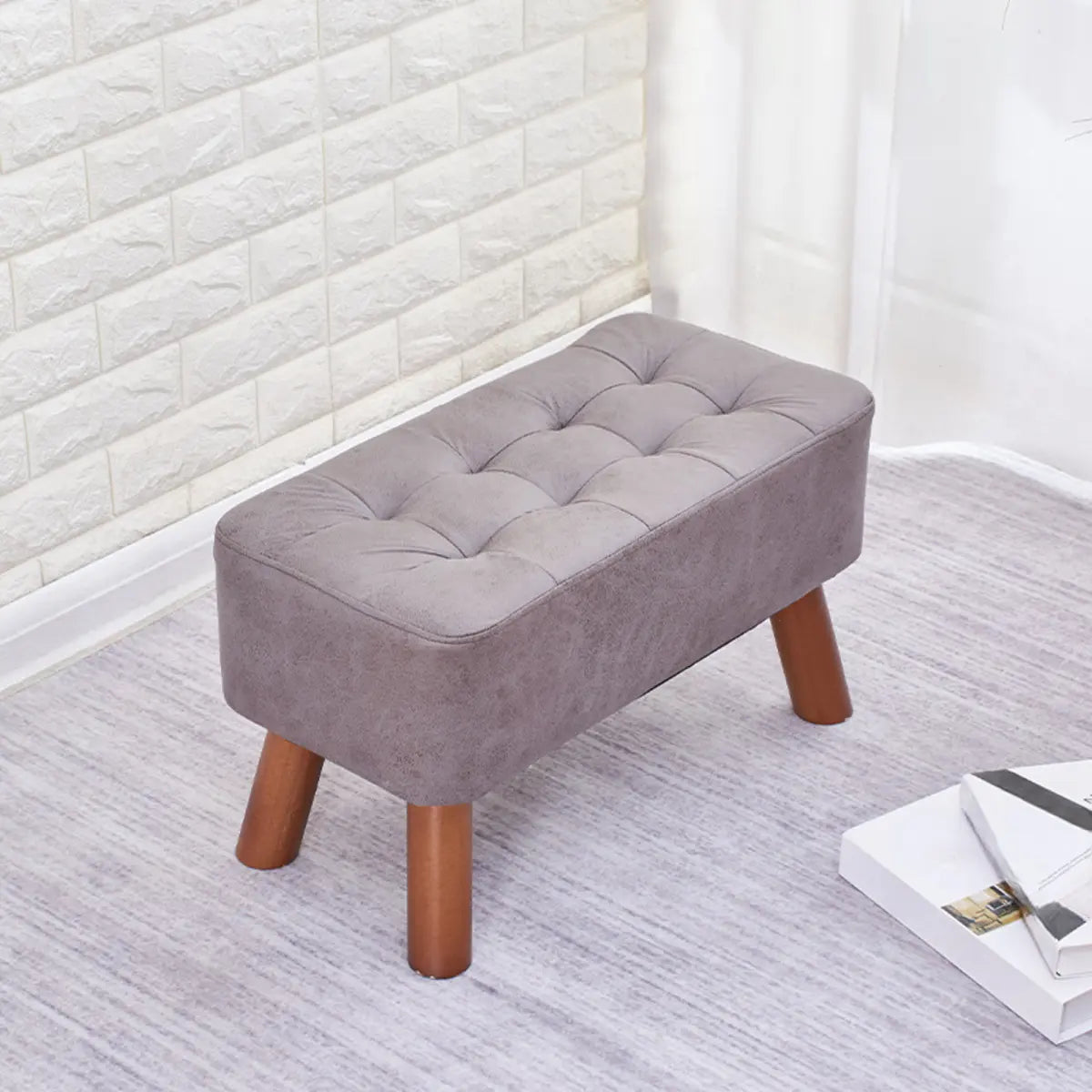 Grey Faux Leather Rectangular Sponge Ottoman Seats Image - 15