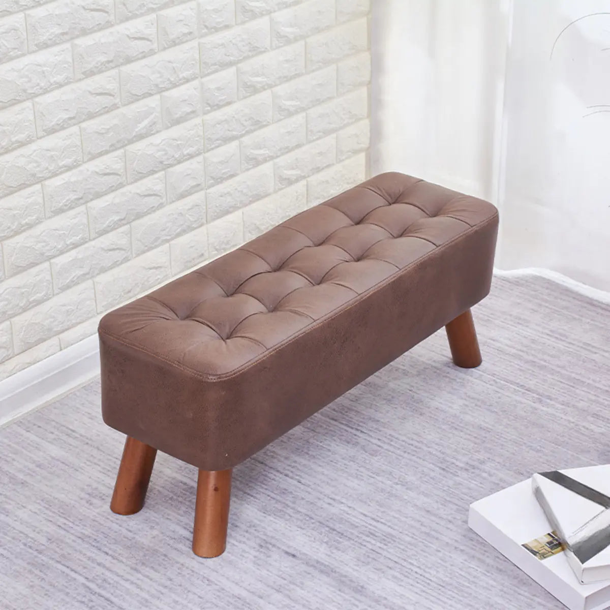 Grey Faux Leather Rectangular Sponge Ottoman Seats Image - 3