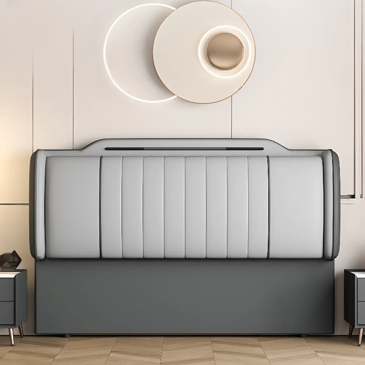 Grey Free-Standing Stepped Upholstered Headboard Image - 1