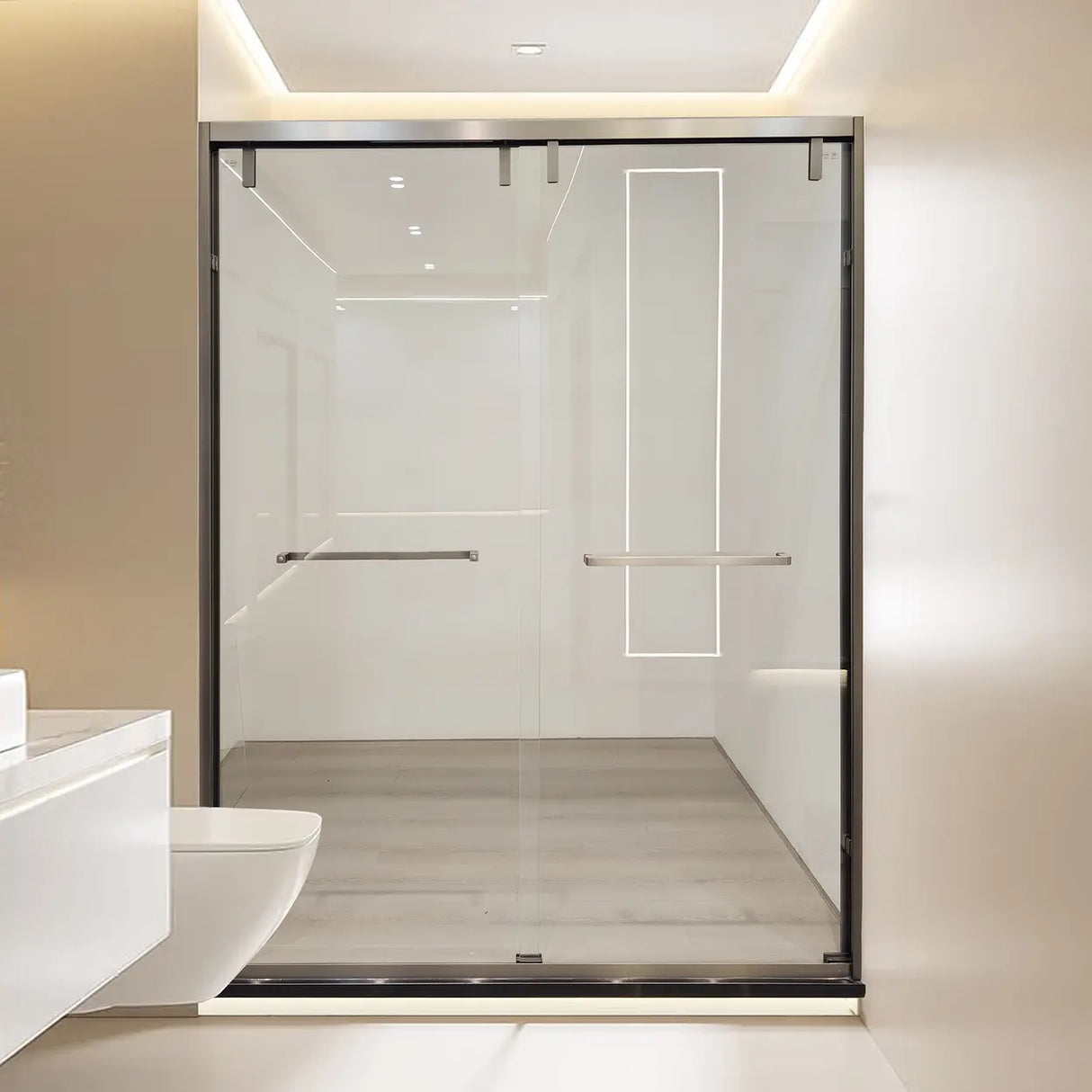 Grey Hardware Double Sliding Clear Glass Shower Door Image - 2