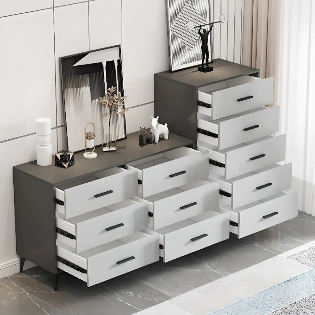 Grey Horizontal Drawer Wood Multi-Tier Storage Dresser Image - 4