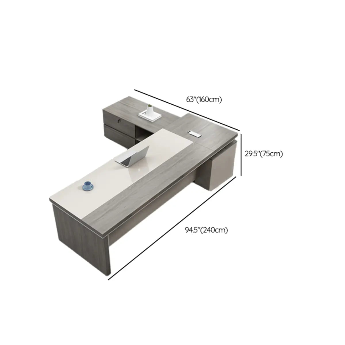 Grey Large Wood Storage Drawers L-Shape Writing Desk Image - 11