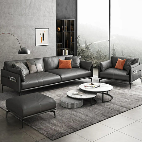 Grey Leather Light Wood Frame Soft Sofa Set with Legs Image - 1