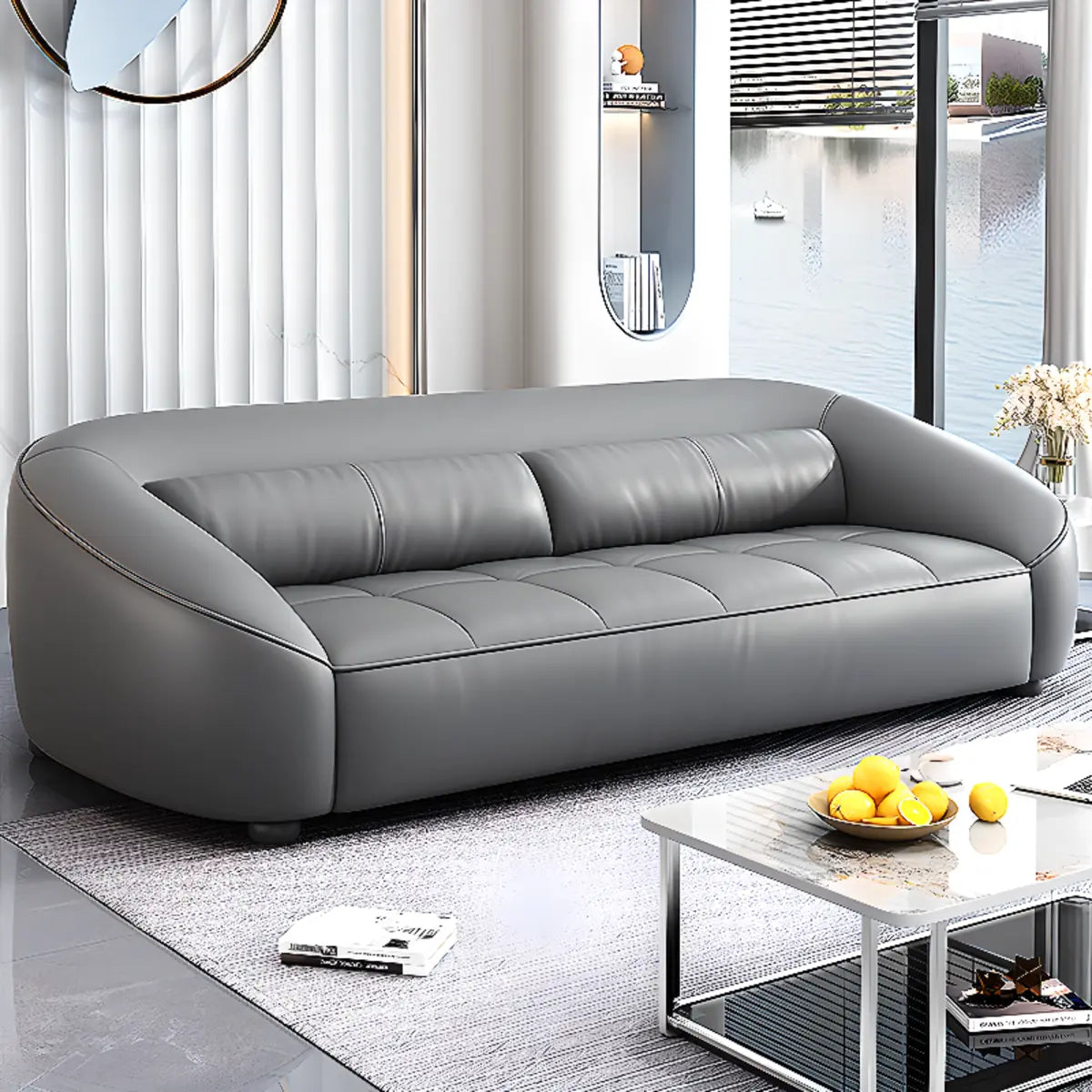 Grey Leather Upholstered Back Reception Sofa with Arms Image - 1