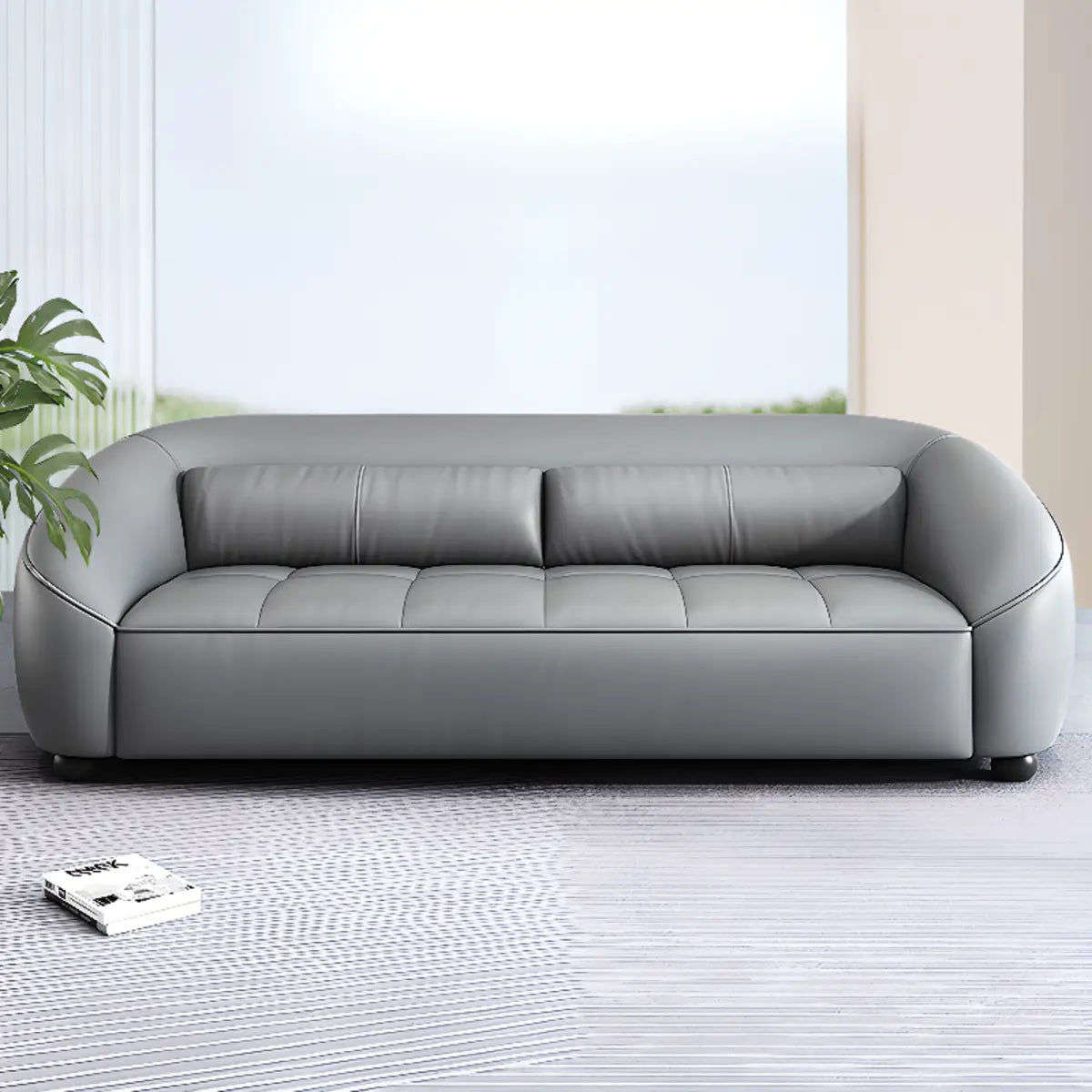 Grey Leather Upholstered Back Reception Sofa with Arms Image - 4