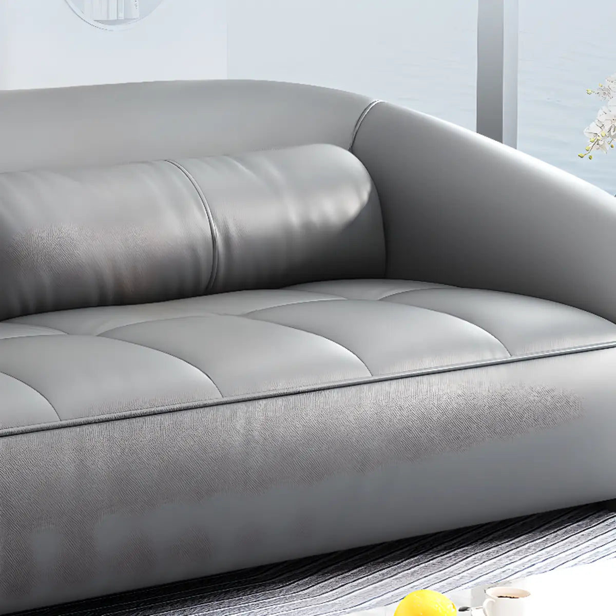 Grey Leather Upholstered Back Reception Sofa with Arms Image - 7